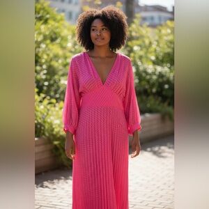 ASOS Hot Pink Chevron Textured Maxi Dress Balloon Sleeve Empire Waist